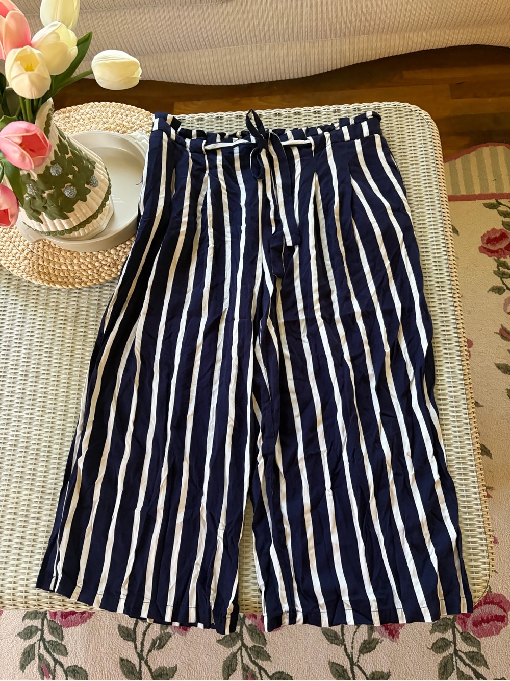 Adrienne Vittadini Navy & White Vertical Stripe Wide Leg Pants